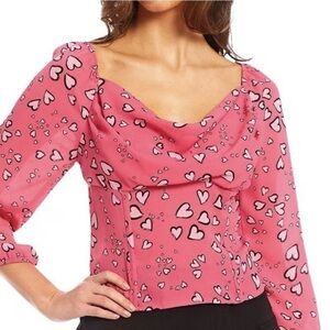 NWT I.N San Francisco Hearts Print, Square Neck Long Sleeve Pink Blouse